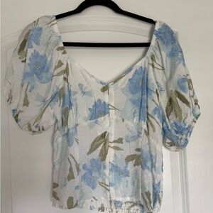 Floral Puff Sleeve Top - Blue and White